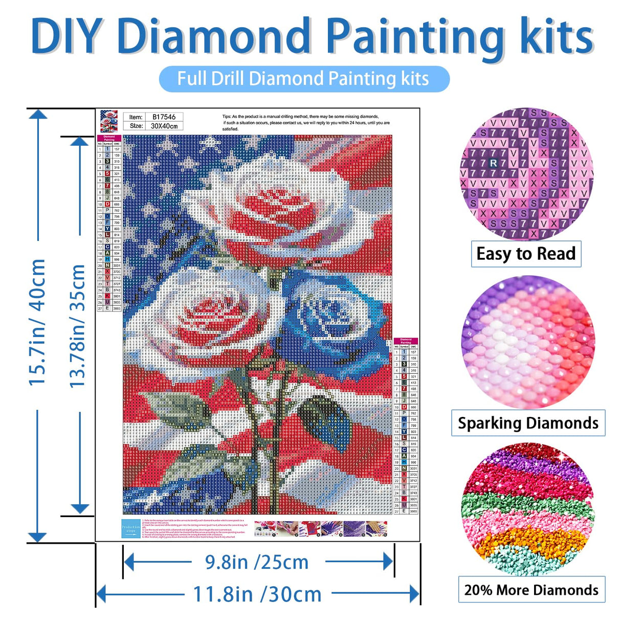 NWQZBYHT Flowers Diamond Art Kits for Adults,America Flag Rose 5D Diamond Painting Kits for Beginner,DIY Round Full Drill Diamond Dots,Gem Painting Kit for Adults Crafts Home Wall Decor 12x16 Inch NWQZBYHT
