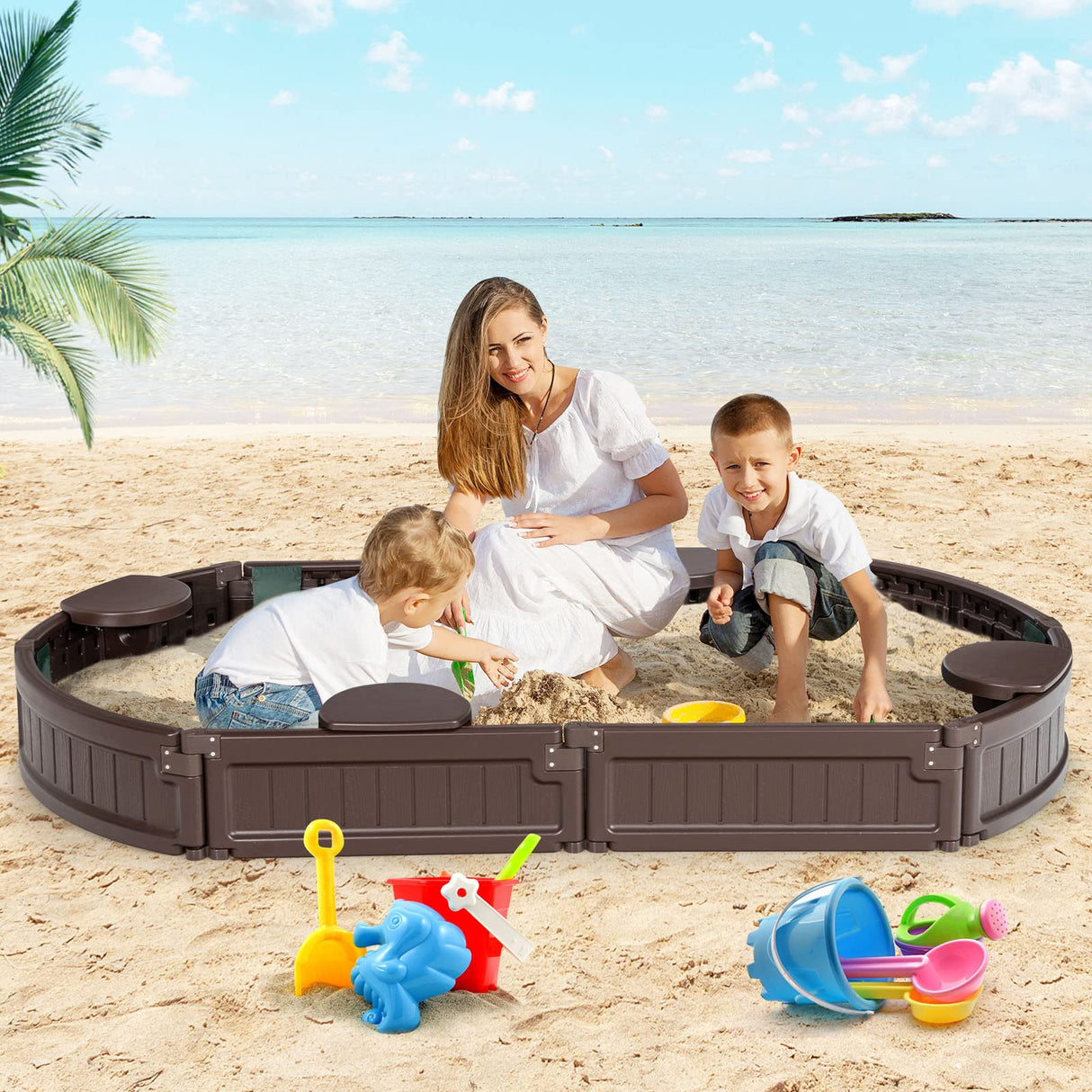 HONEY JOY Sandbox with Cover, 6FT Oval Sand Pit for Backyard, 4 Built-in Seating & Bottom Drainage Liner, All Weather Resistant Sand Boxes for Kids Outdoor with Lid HONEY JOY
