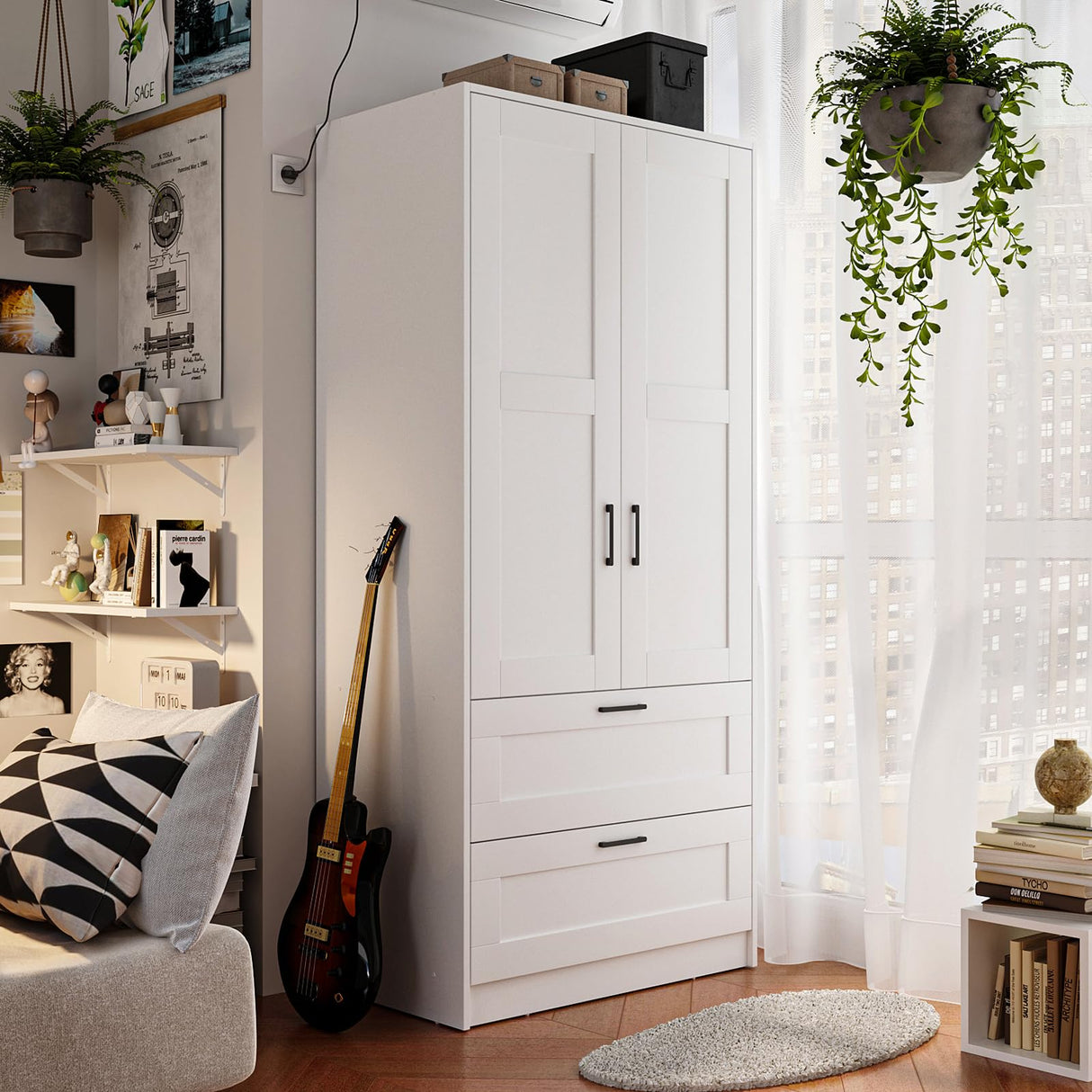 Fenghua Lizhi Wood White Wardrobe Closet with 2 Doors and 2 Drawers,Bedroom Freestanding Armoire Storage Cabinet with Shelves,Wooden Wardrobe Combination for Hanging Clothes (White 2 Drawers) Fenghua Lizhi