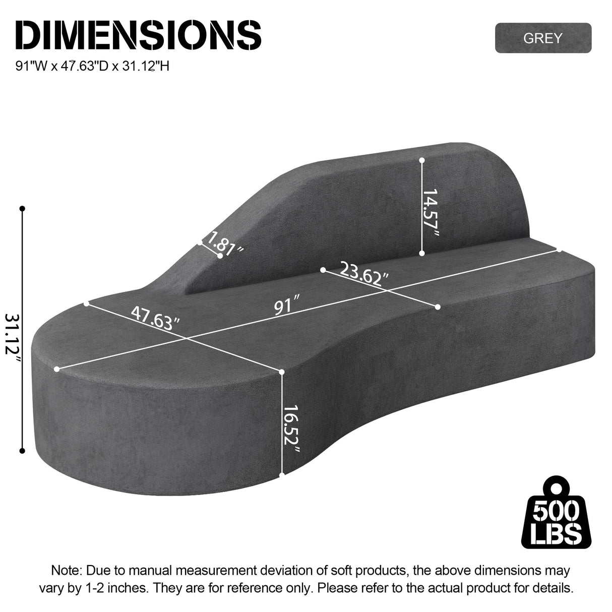 SumKea Luxury Modern Curved Sofa, 91'' Minimalist Style Comfy Couch for Living Room Apartment, 3 Wide Seat Modular, Elegant Gray SumKea