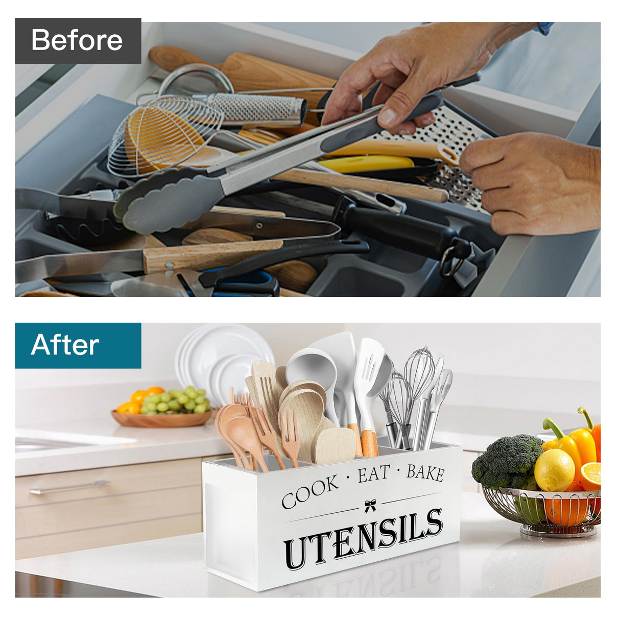 Suli Extra Large Kitchen Utensils Holder with 4 Compartments, Wooden Utensil Organizer for Kitchen Countertop, Farmhouse Kitchen Decor, Rustic Cooking Utensil - White Suli