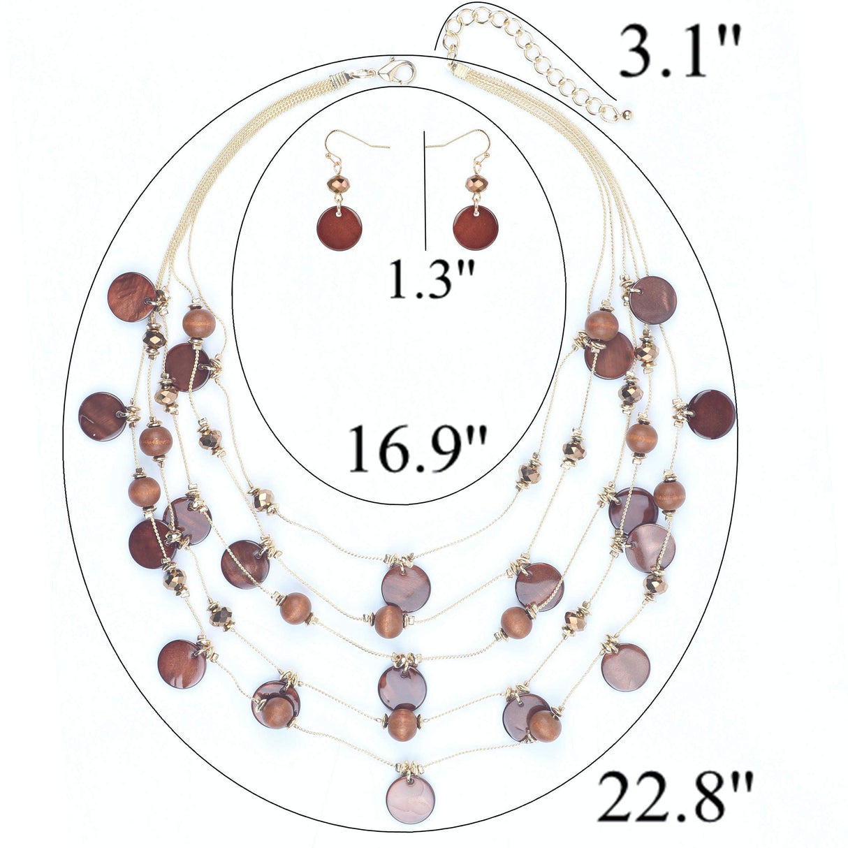 Firstmeet Handmade Multi-Layer Round Shell Wooden Beads Necklace with Earrings(XL-1101-Brown) Firstmeet