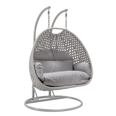 LeisureMod Light Gray Wicker 2-Person Patio Hanging Double Egg Swing Chair with Stand & Cushions for Indoor Outdoor Patio Garden Light Grey
