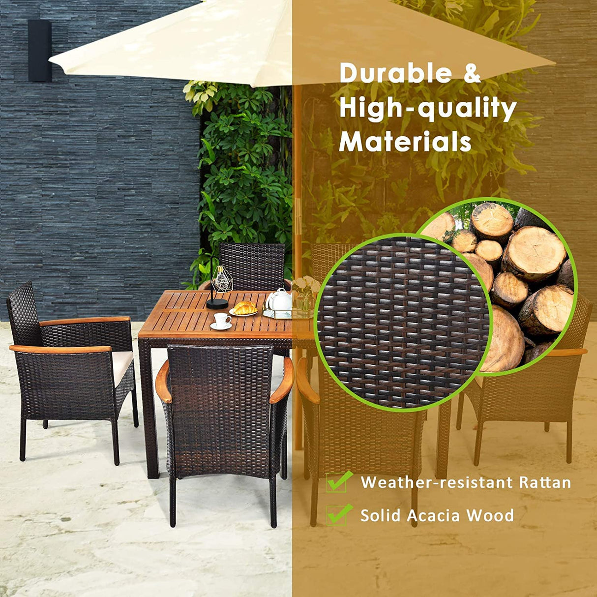 HAPPYGRILL 7 Pieces Patio Dining Set Outdoor Rattan Wicker Dining Set with Umbrella Hole, Removable Cushions, Table & Chairs Set with Acacia Wood Table Top HAPPYGRILL