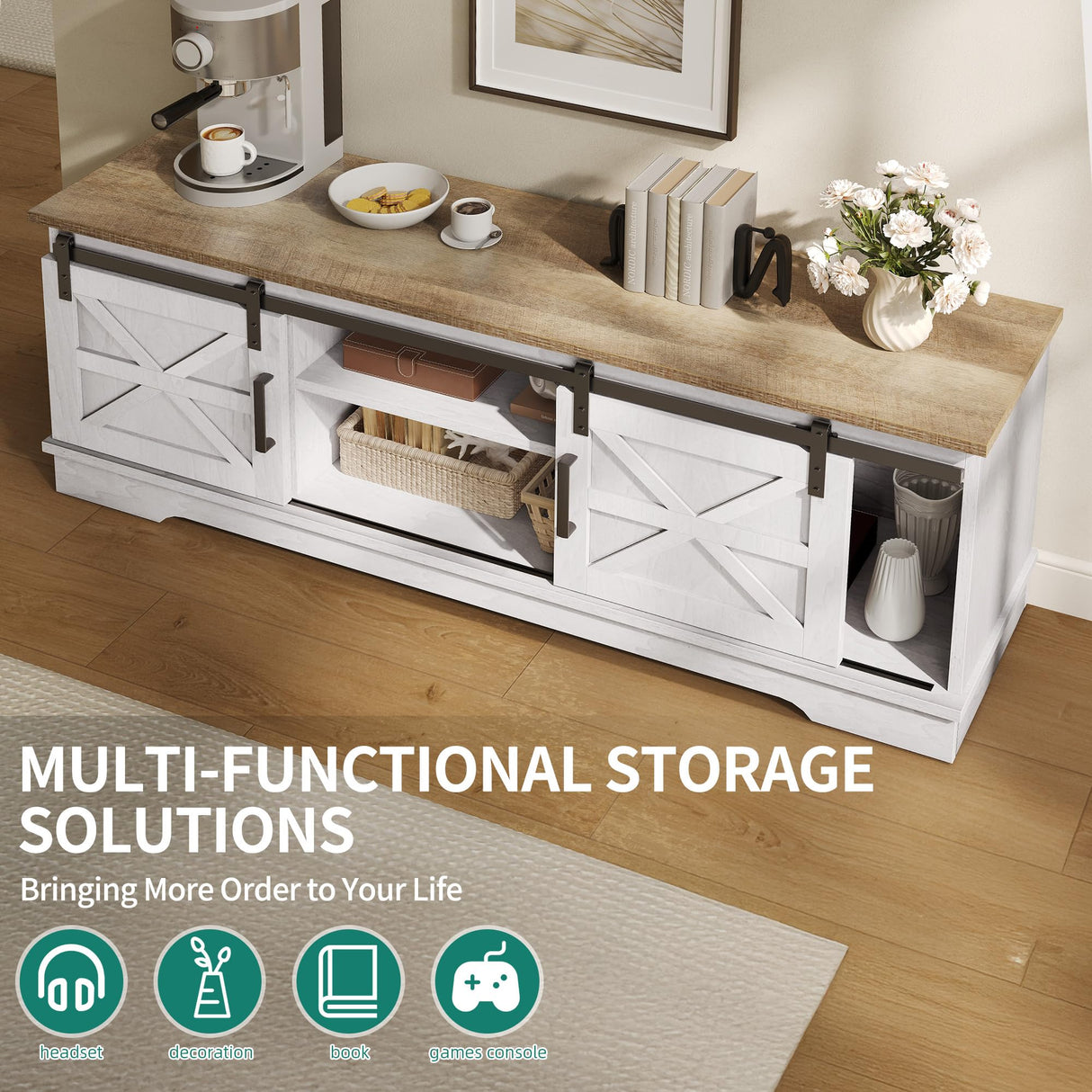 YITAHOME Farmhouse TV Stand with Mount, Television Stand Mount with 3 Height Adjustment for 32-70 inch TVs, Entertainment Center Media Console w/Sliding Barn Door for Living Room, Grey White/Grey Wash YITAHOME