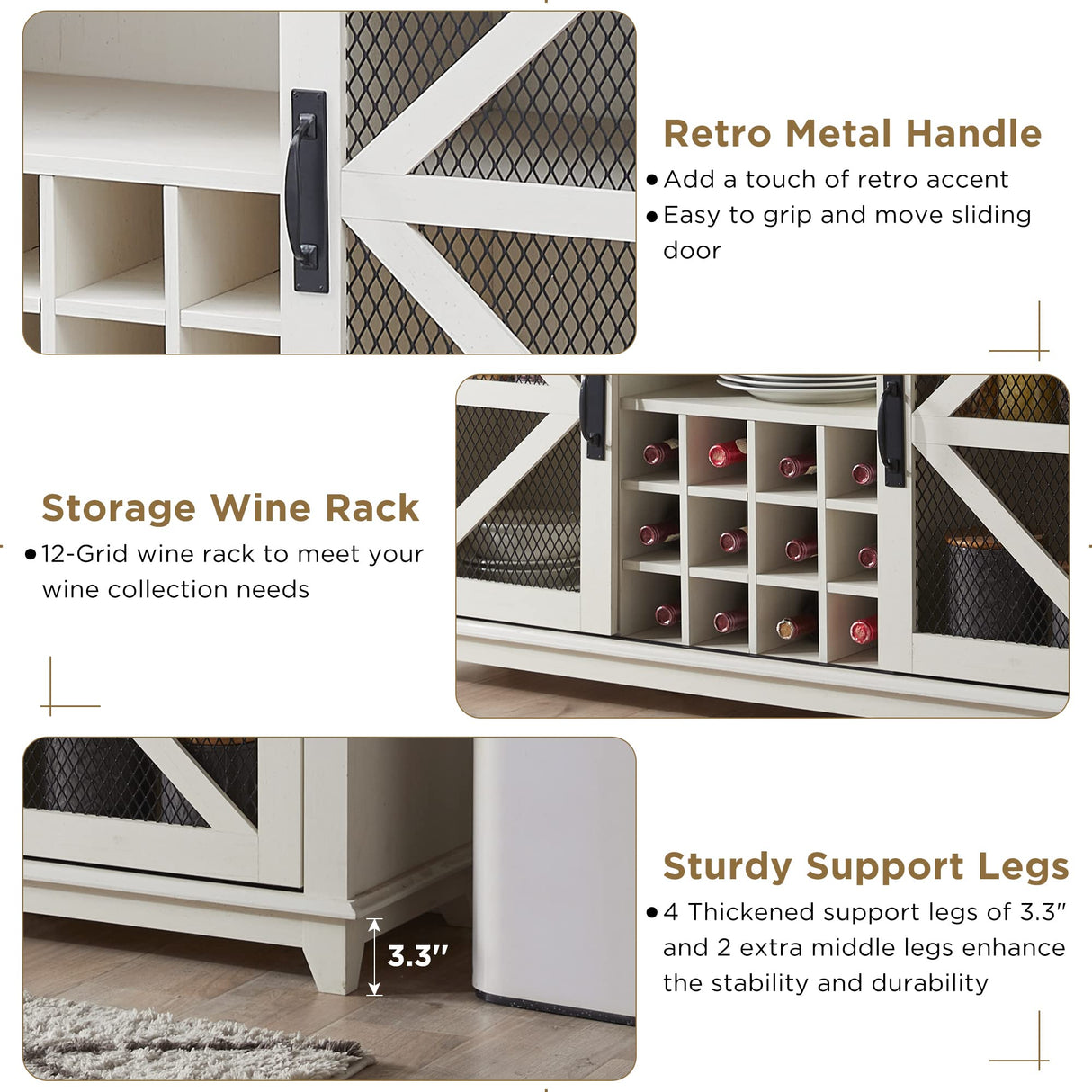 OKD Farmhouse Coffee Bar Cabinet with LED Lights, 55" Sideboard Buffet Table w/Sliding Barn Door & Wine and Glass Rack, Home Liquor Bar w/Storage Shelves for Dining Room,Antique White OKD