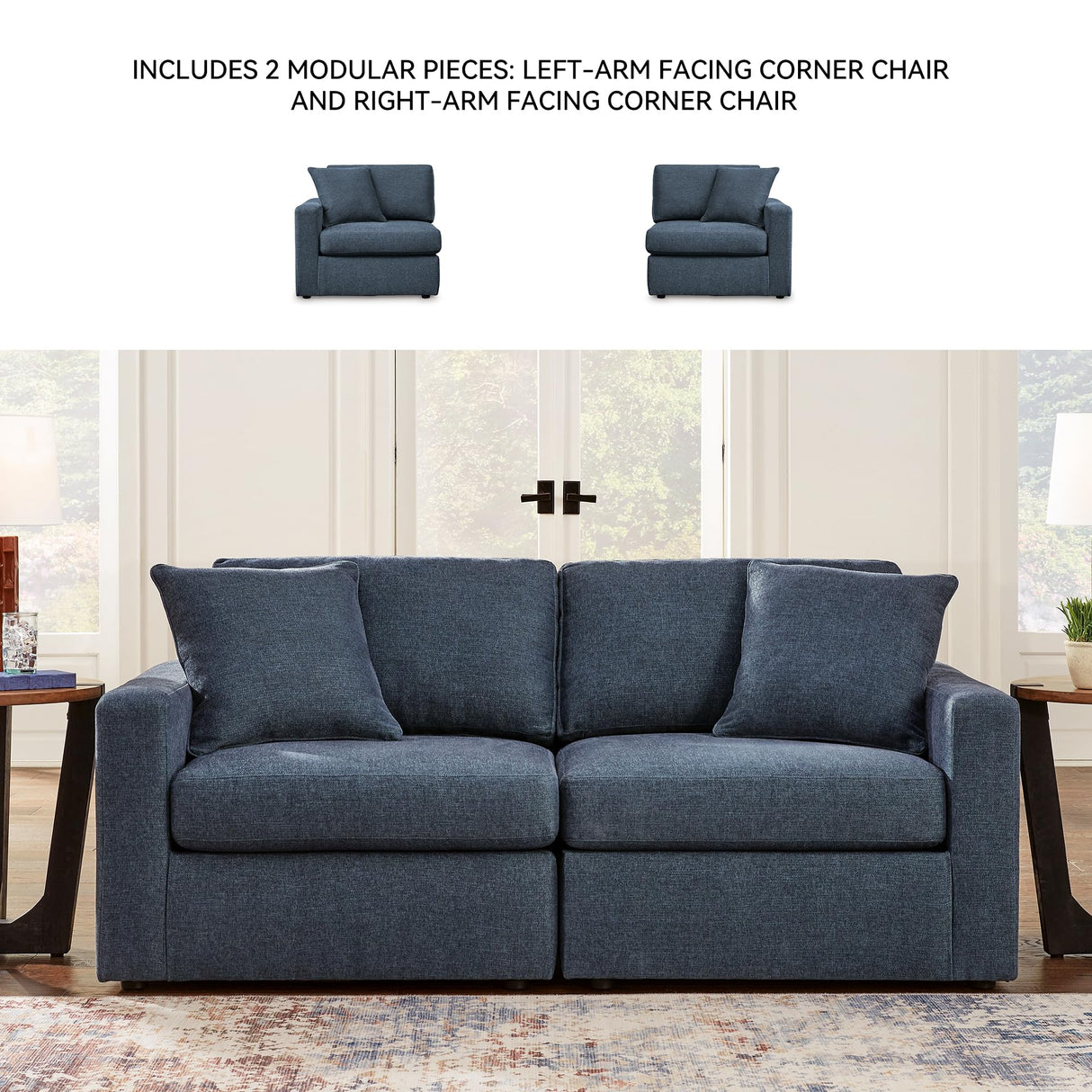 Signature Design by Ashley Modmax Contemporary Modular Stain Resistant 2-Piece Loveseat with Removable Covers and 2 Accent Pillows, Blue Signature Design by Ashley