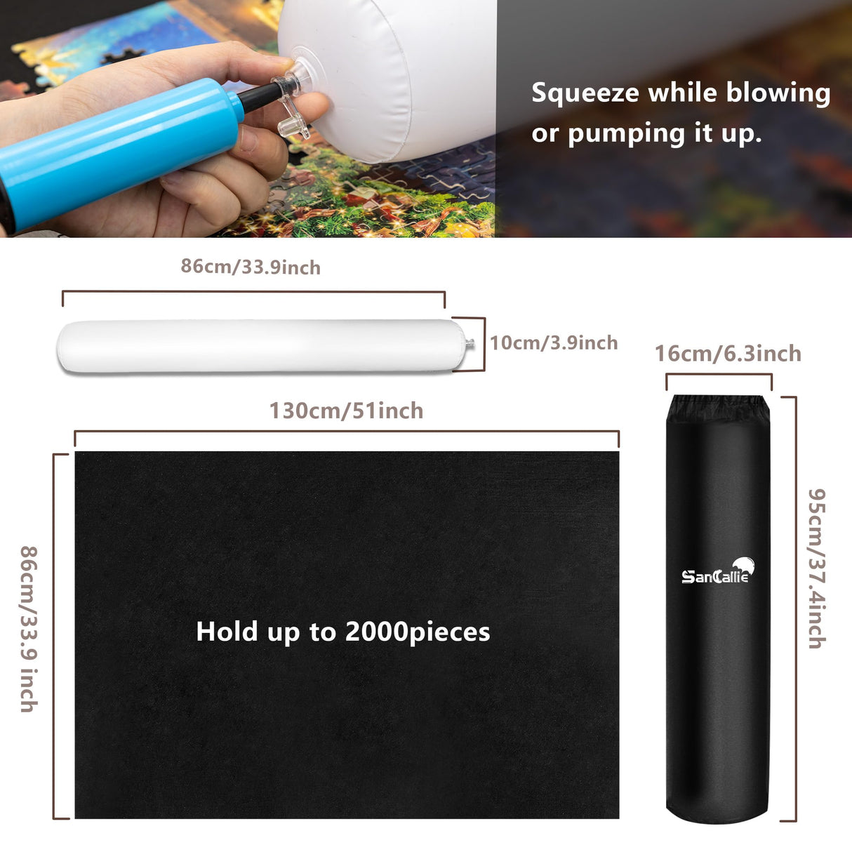 Sancallie Jigsaw Puzzle Mat Roll Up, 51"x34" Jigsaw Storage Felt Mat, Jigroll up to 2,000 Pieces, Gift Box with Drawstring Storage Bag, 3 Elastic Band, Hand Pump, Portable Puzzle mat Sancallie