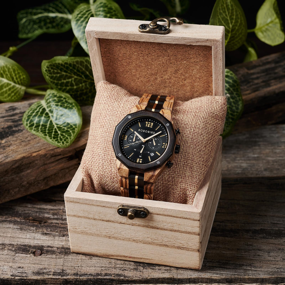 BOBO BIRD Men's Wooden Watch Sport Fashion Wristwatch Casual Chronograph Quartz Watches Men's Wood Stainless Steel Strap Watch with Date Display (Black) BOBO BIRD