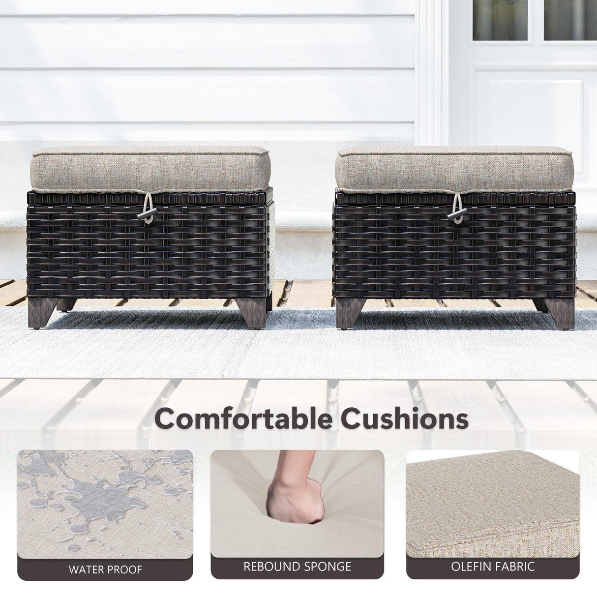 MaxMulti Patio Ottomans Set of 2, Outdoor Wicker Footrest with Thickened Cushions, Outdoor Rattan Ottoman for Porch, Backyard and Deck (Beige) MaxMulti