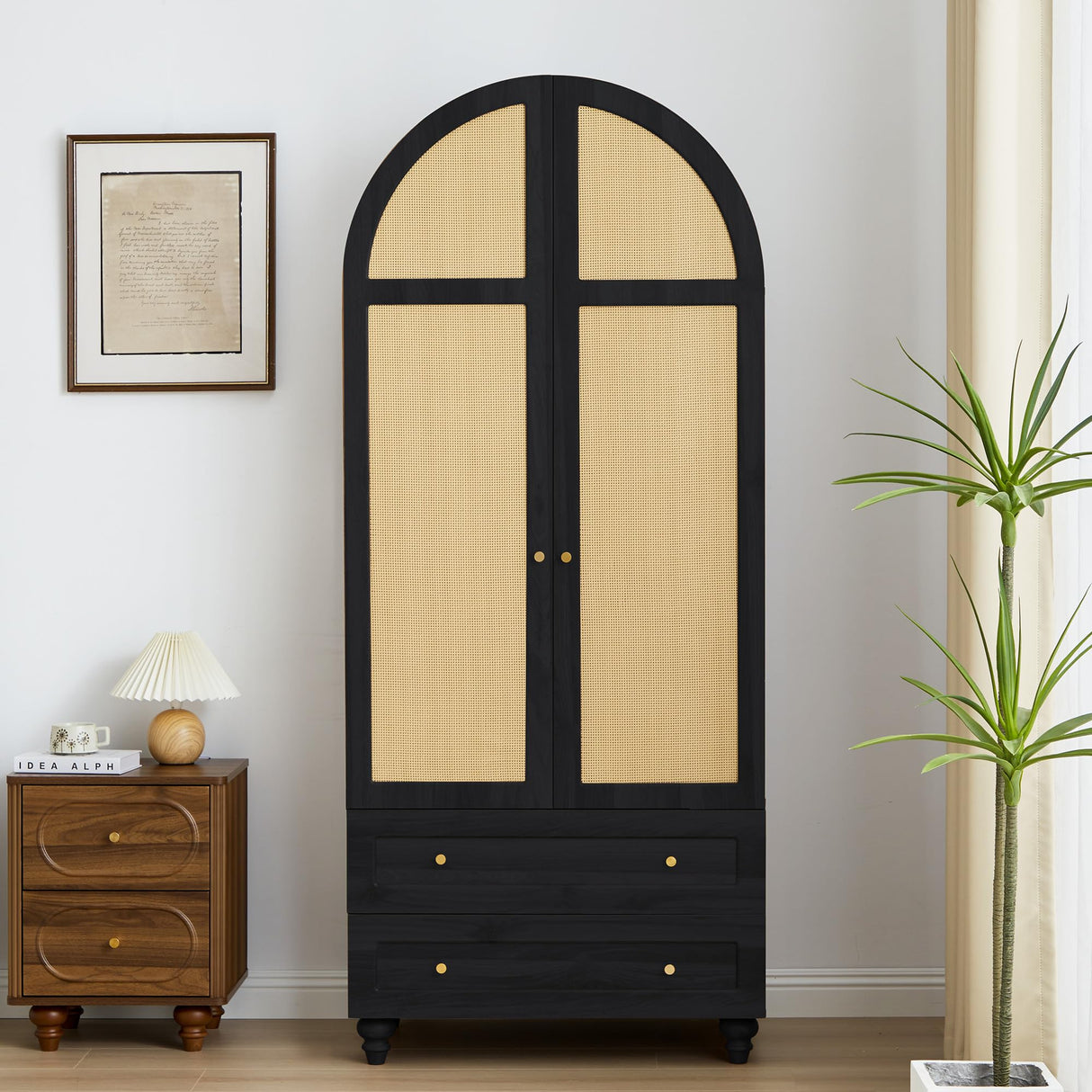 YUCHIATH Arched Armoire Wardrobe Closet with 2 Rattan Doors, Wooden Wardrobe Closet with 2 Drawers, 74.8 "H Bedroom Armoires with Hanging Rod (Black) YUCHIATH