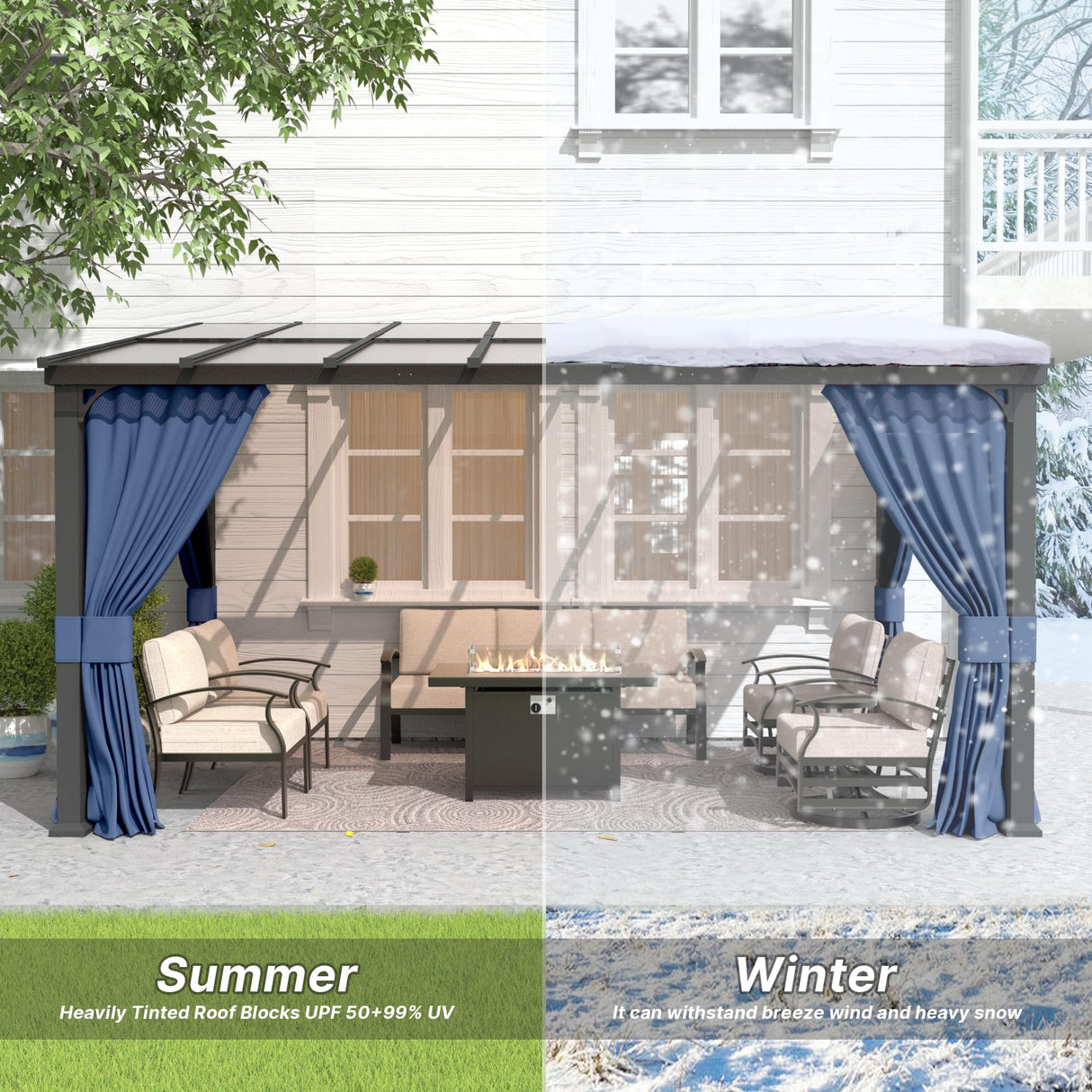 Gotland 10FTx26FT Outdoor Wall-Mounted Hardtop Pergola, Metal Frame Gazebo with Sloping Sun Panel Roof and Double Curtains for Patio, Garden, Lawn, Navy Gotland