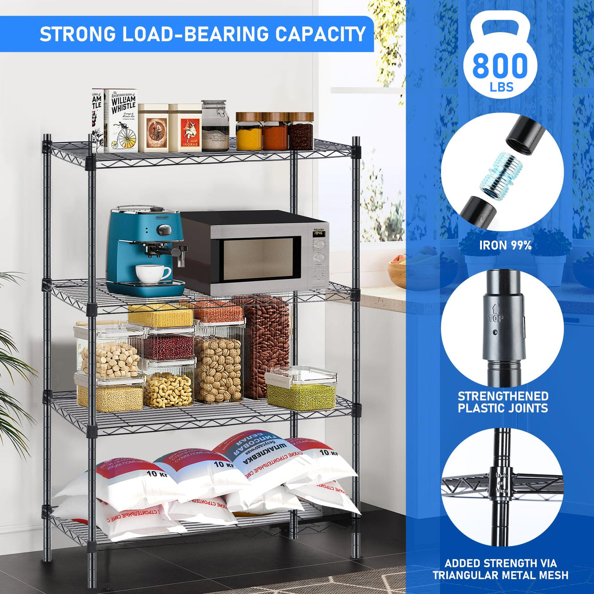 Healsmat Heavy Duty 4-Tier Shelving Units Adjustable, Wire Shelf with 800 lbs Capacity (200 per Shelf), 24" D x 14" W x 47 "H, Black, 4 Levels, Storage Shelf with Wheels & Leveling Feet HealSmart
