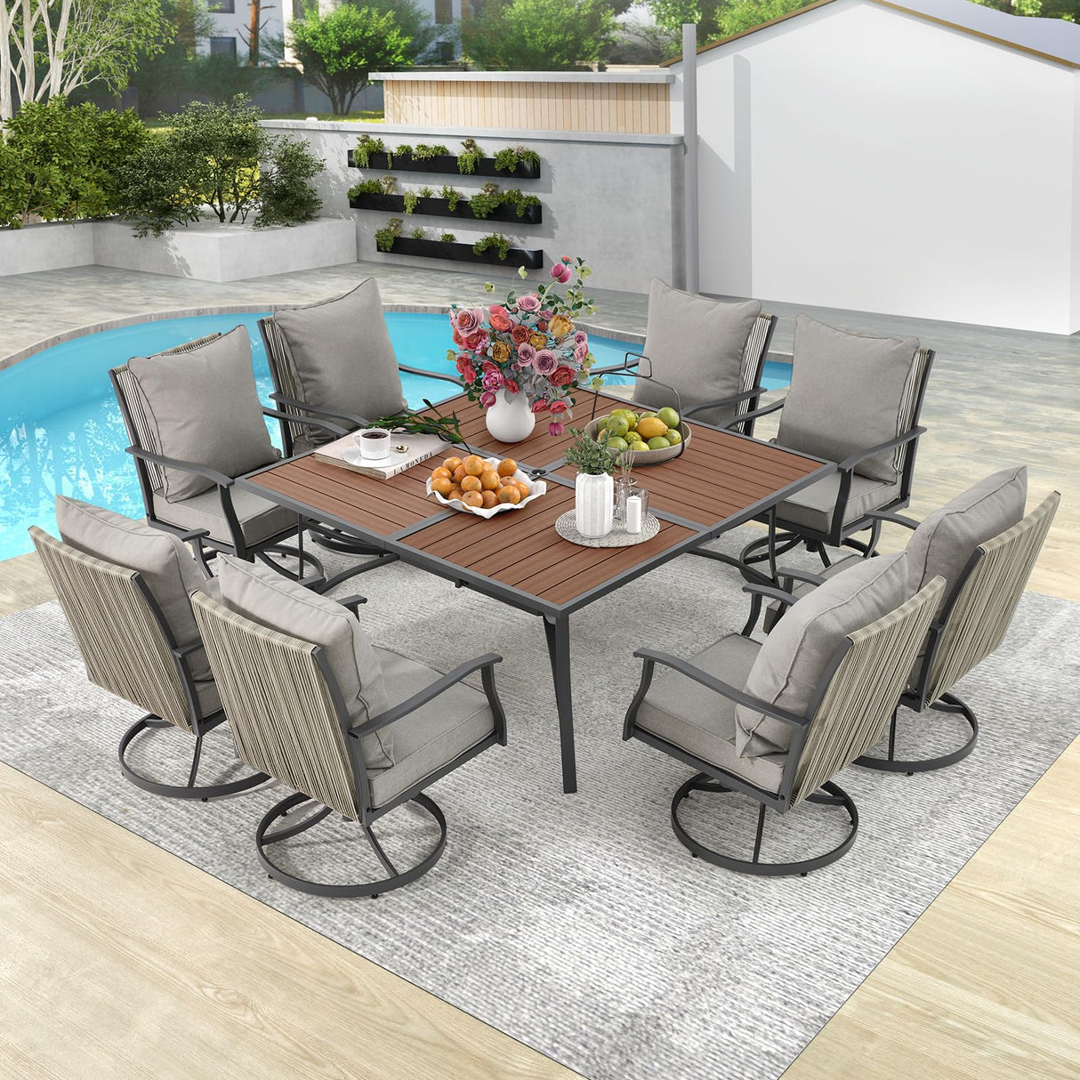 EROMMY 9-Piece Outdoor Dining Set, 8 Swivel Wicker Chairs with Thick Cushions & Wood-Like Dining Table with Umbrella Hole, Patio Furniture Set for Porch, Garden, Backyard, Poolside, Deck, Grey EROMMY
