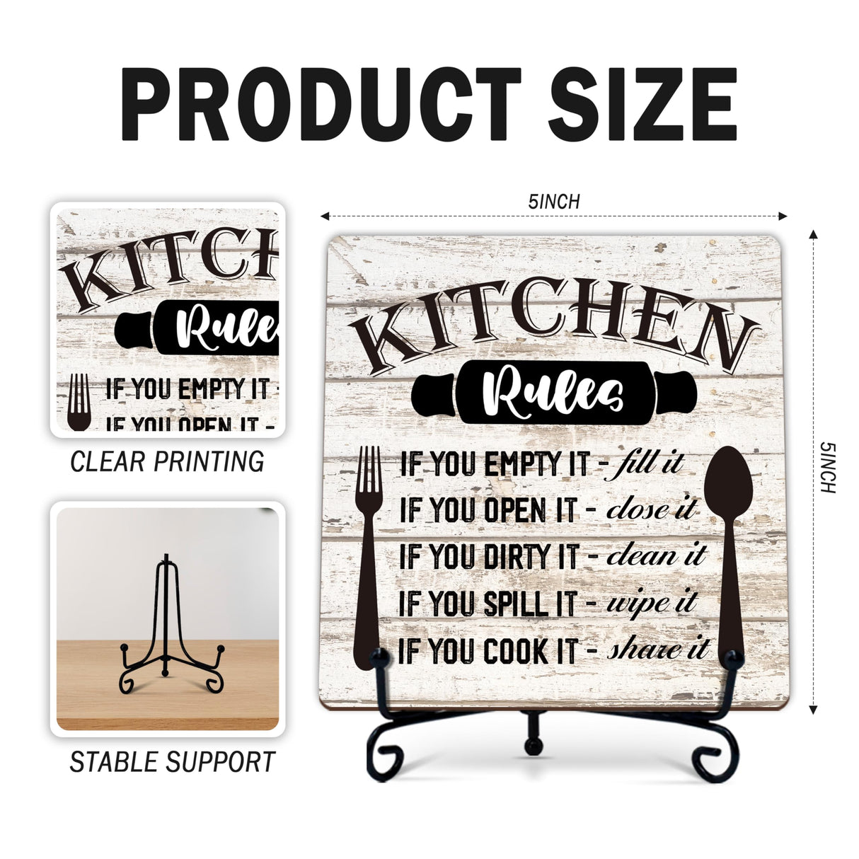 Rustic Wood Plaque with Stand - Kitchen Decor - Kitchen Rules Wood Sign - Idea Wooden Decor for Home Living Room Dining Room Shelf Table Decoration (31) DETIHO