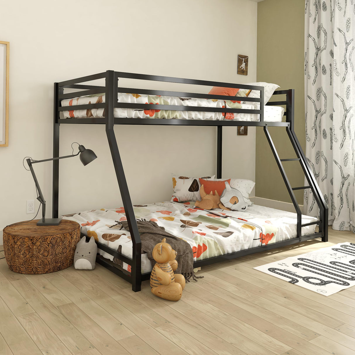 DHP Miles Low Metal Bunk Bed Frame for Kids, With Built-in Ladder, High Guardrail and Metal Slats, Floor Bed Bottom Bunk, No Boxspring Required, For Small Spaces, Twin-Over-Full, Black DHP