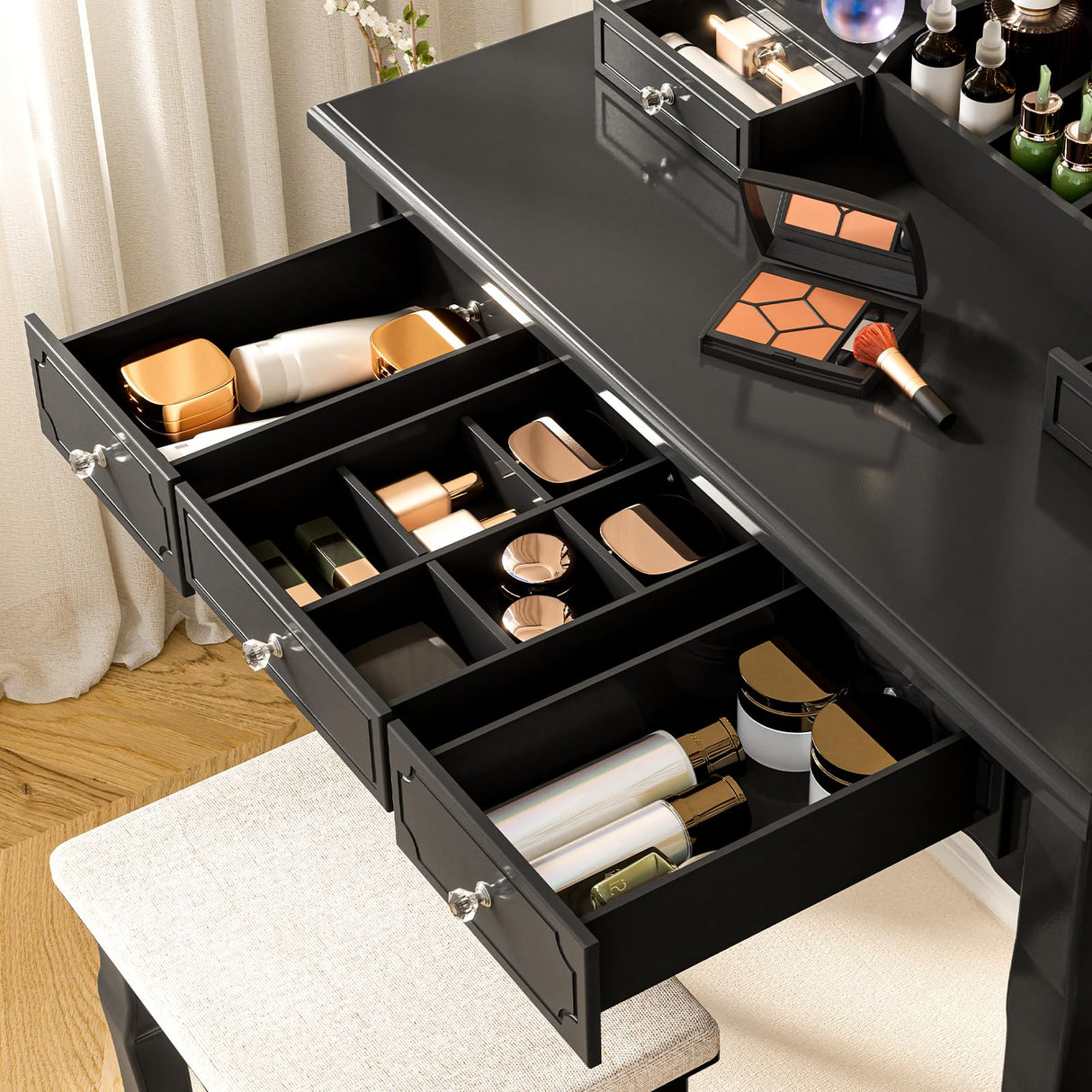 SAYMA Vanity Desk with LED Light and Mirrors, Makeup Table Set with 5 Sliding Drawers & 2 Shelves, 3 Color Lighting Modes and Soft Cushioned Stool for Bedroom, Bathroom (Black) SAYMA