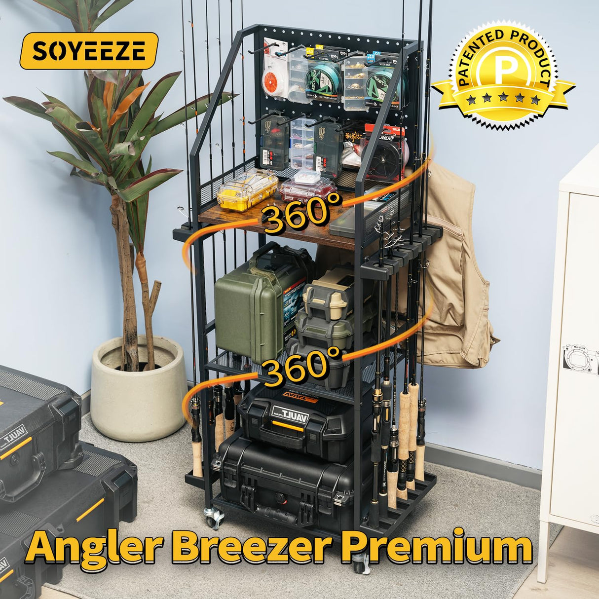 SOYEEZE Fishing Rod Holders for Garage with Pegboard and Lockable Wheels, 3-Tier Fishing Pole Rack with 10 Hooks, Fishing Gear Tackle Box Organizer Up to 12 Rods, Rolling Fishing Storage Cart SOYEEZE