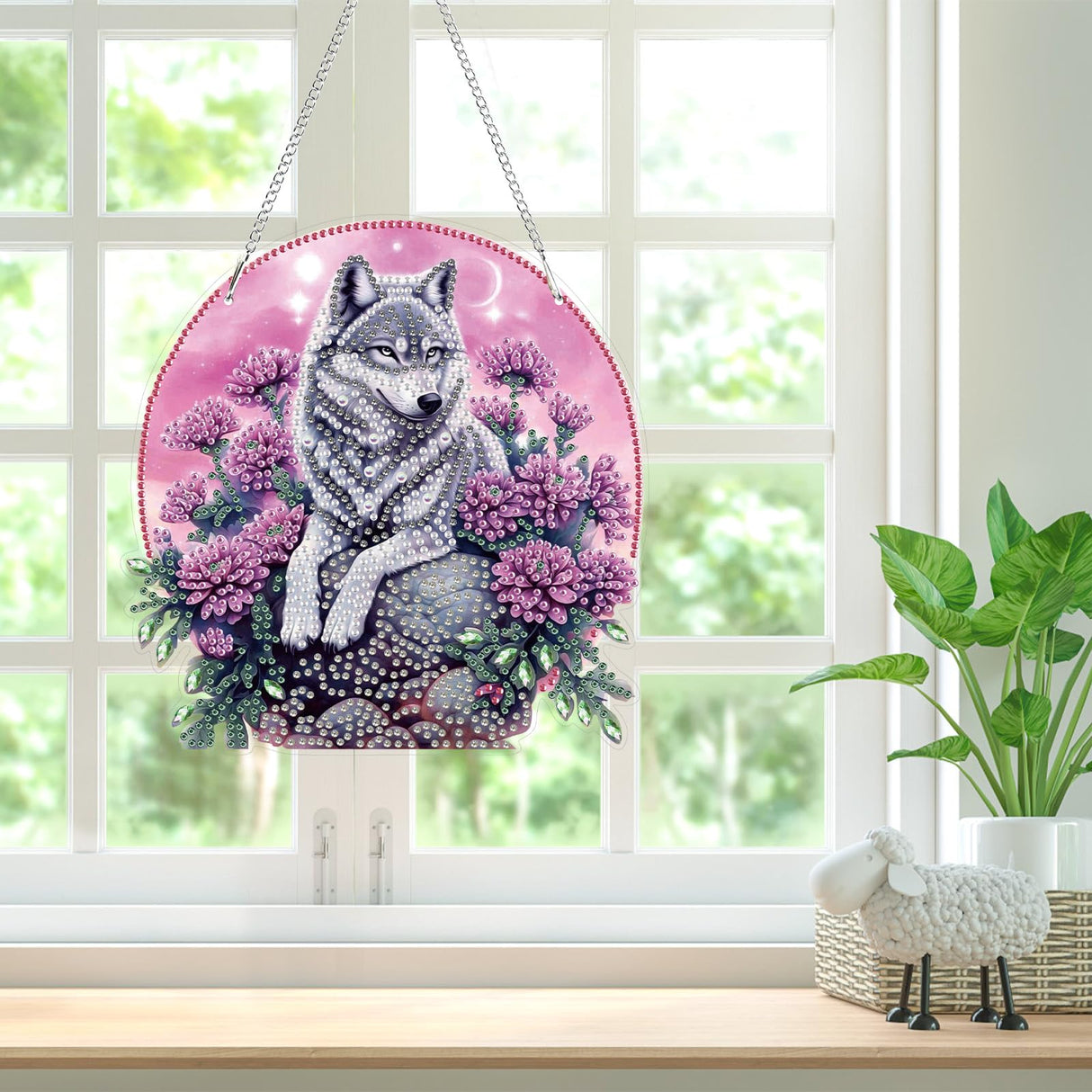 Bowetile Wolf Diamond Art Hanging Kits for Adults Kids, 5D Special Shape Diamond Painting Flowers Pendant Kits, Gem Art Suncatchers Painting Window Ornament for Home Garden Wall Decor Bowetile