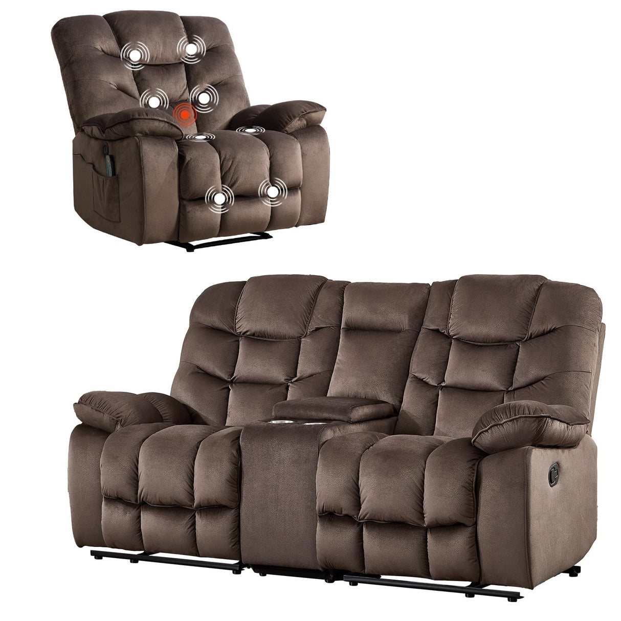 HAOMARKETS 2-Piece Recliner Sofa Set, Include Single Power Recliner Chair with Massage & Heat and Manual 2-Seater Loveseat Reclining Couch with Hidden Storage and Cup Holders for Living Room, Brown HAOMARKETS