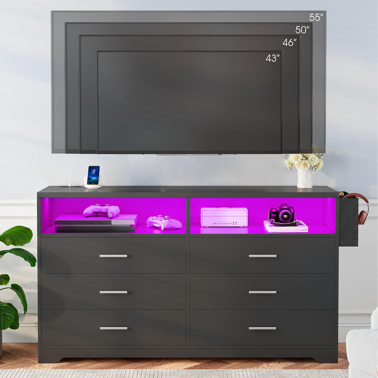 Alohappy 6 Drawer Dresser with Charging Station and LED Lights, Chest of Drawers with Open Storage Cubby, 55" Long Dresser, Modern Wood Dresser for Bedroom, Living Room, Entryway(Black) Alohappy