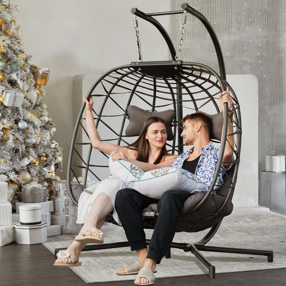 NICESOUL Double Egg Swing Chair with Stand, Oversized 2-Person Indoor Outdoor Hanging Hammock Chairs with Cushion, Wide and Large Comfy Loveseat, 700lbs Sturdy Porch Swings for Outside, Dark Gray NICESOUL