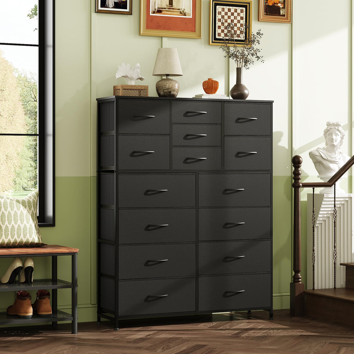 WLIVE Tall Black Dresser for Bedroom Furniture, Fabric Dressers Storage Tower with 15 Deep Drawers, Dresser for Closet, Hallway, Entryway, Office, Storage Tower with Cabinet, Metal Frame, Wooden Top WLIVE
