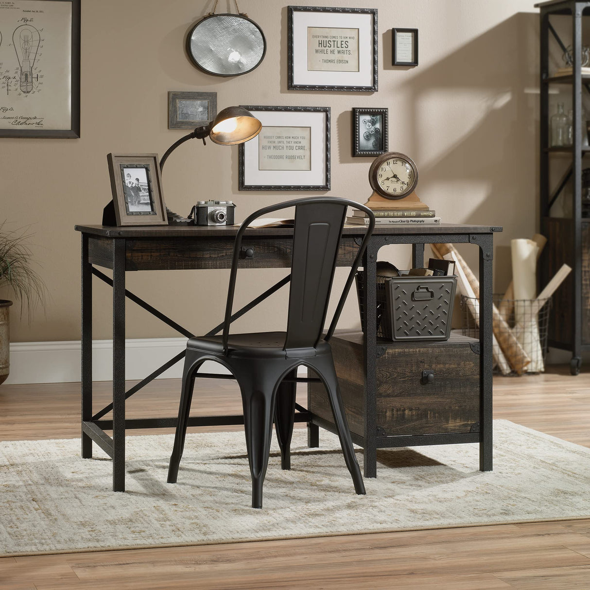 Sauder Steel River Desk, L: 47.48" x W: 23.47" x H: 29.53", Carbon Oak Finish Sauder