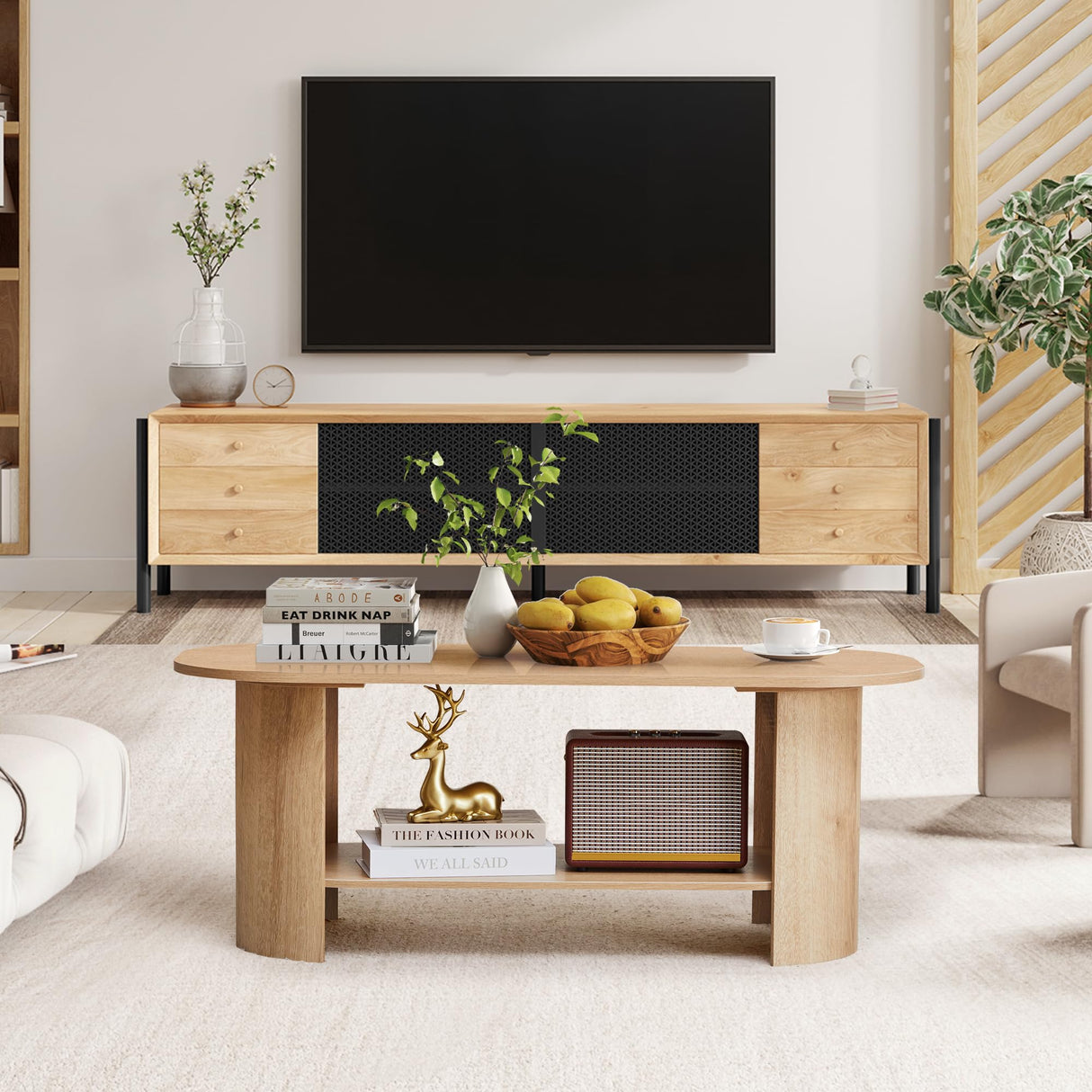 MAHYIZYI 43.3” Oval Coffee Tables for Living Room, Wood Farmhouse Coffee Table with Storage, 2-Tier Center Table with Storage Shelf Low Tea Table for Small Space, Home, Office (Natural) MAHYIZYI