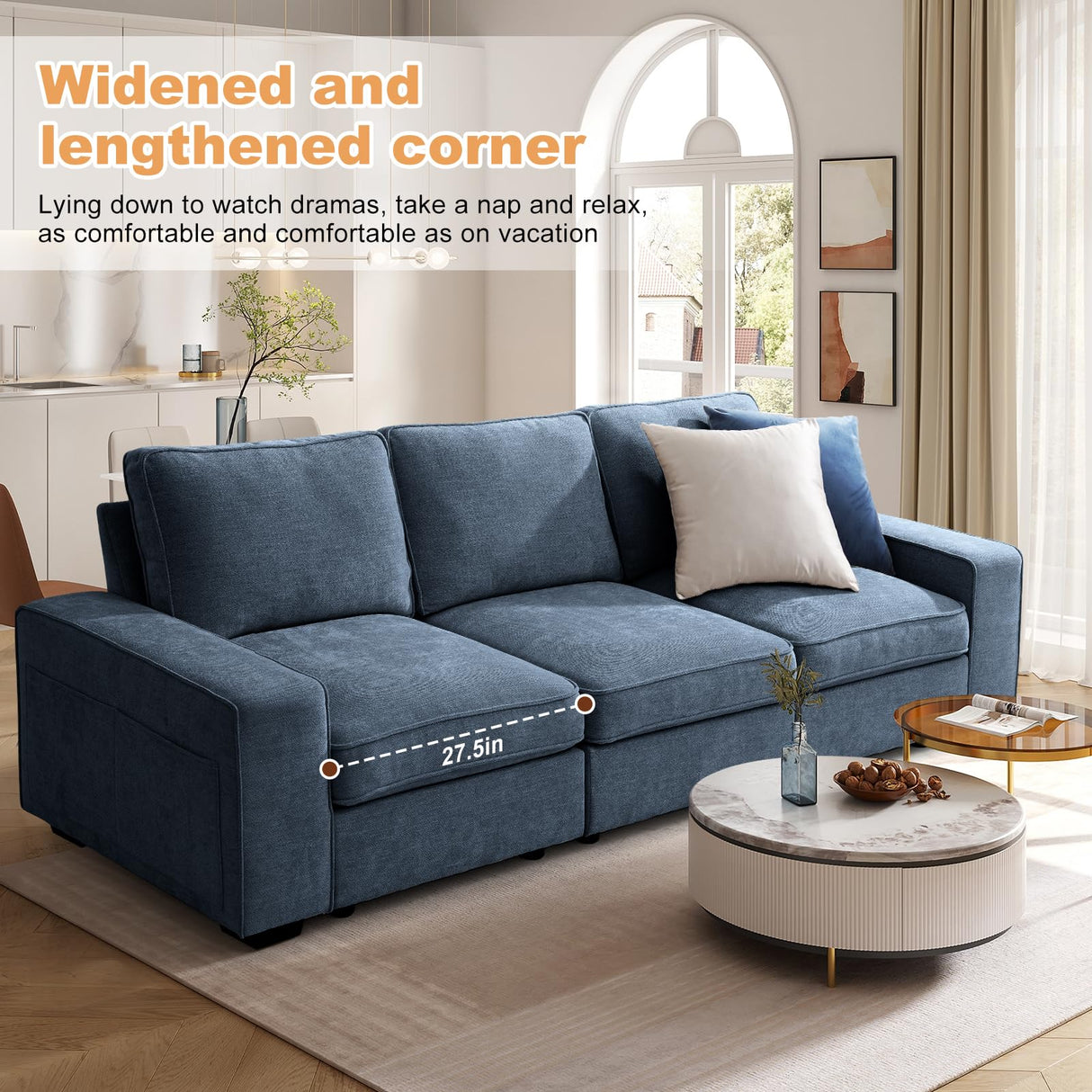 COOSLEEP 100" Sofa with Seats Storage, Comfy 3-Seater Chenille Fabric Couch for Living Room, Office, Apart W/Deep Seat, USB Charging, Upholstered Couch with Removable Cover, (Blue) COOSLEEP HOME