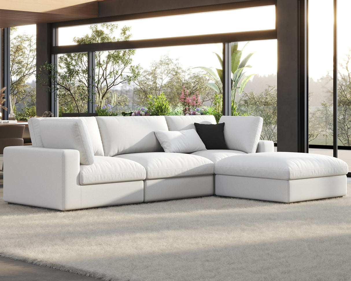 PaPaJet 114-Inch Cloud Sectional Sofa, Oversized Down-Filled Modular Couch, 4-Seater L-Shaped Sofa with Chaise and Ottoman, White Linen Cloud Couch for Living Room PaPaJet