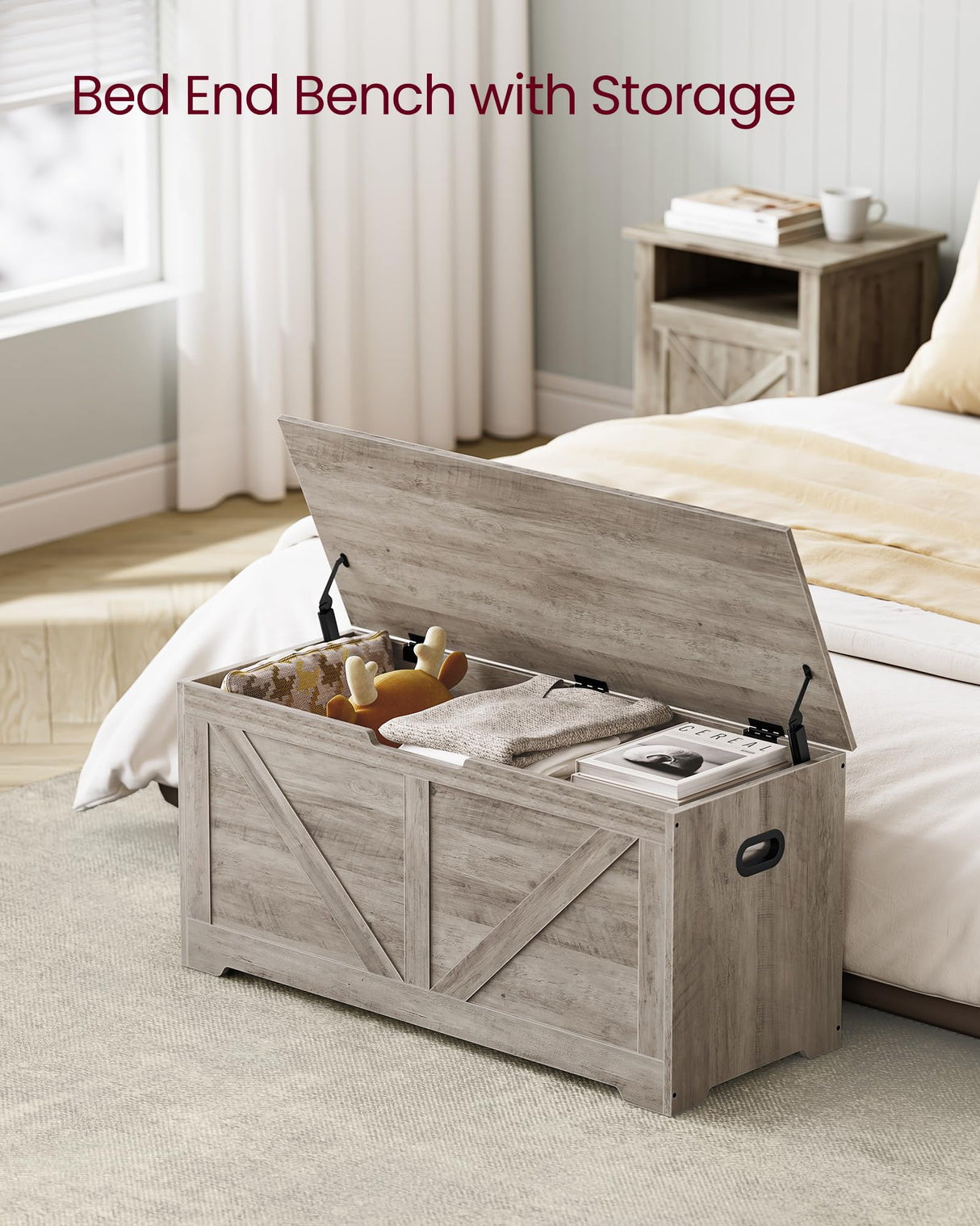 VASAGLE Storage Chest, Storage Trunk with 2 Safety Hinges, Storage Bench, Shoe Bench, Farmhouse Style, 15.7 x 39.4 x 18.1 Inches, for Entryway, Bedroom, Living Room, Heather Greige ULSB060K03 VASAGLE