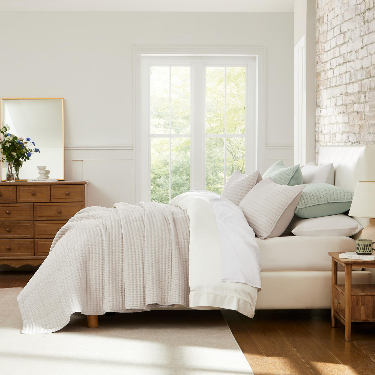 WDCOZY Beige Pick Stitch Queen Size Quilt Set, Striped Lightweight Soft Summer Spring Bedspread, Bamboo Linen Like Textured Coverlet, Chambray Farmhouse Country Rustic Bedding, Netural Thin Comforter WDCOZY