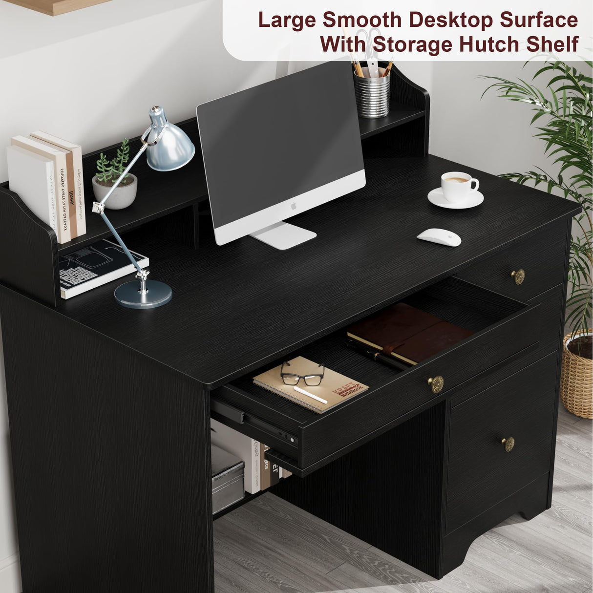 TTVIEW Computer Desk with Drawers and Hutch Shelf, Wood Executive Desk Writing Study Table with 43” Wide Tabletop, Small Desk with File Drawer for Home Office Bedroom, Black TTVIEW