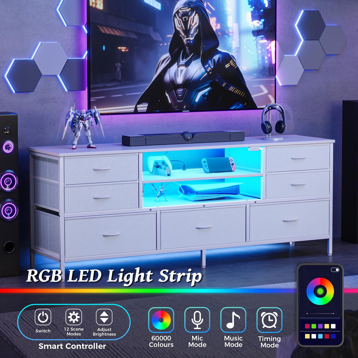 Huuger Dresser for Bedroom With Power Outlets and LED Lights, 7 Drawers TV Stand for 60 Inch TV, Console With Open Shelf, 55 Inches Wide White, PU Leather Huuger