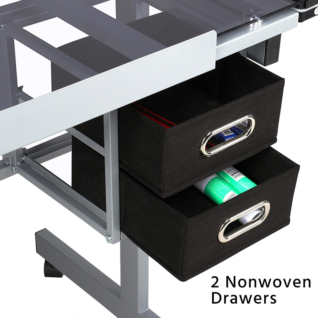Topeakmart Glass Drafting Table Rolling Drawing Desk Artists Art Craft Desk w/2 Slide Drawers and Wheels for Home Office School Topeakmart
