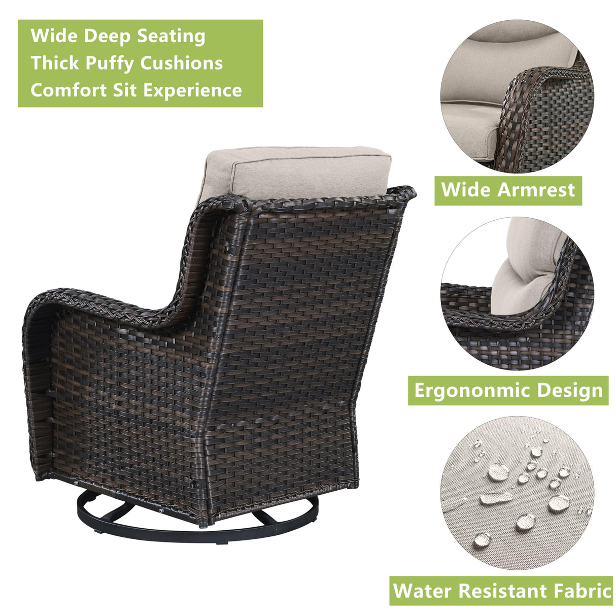 Rilyson Wicker Patio Furniture Set - 5 Piece Rattan Outdoor Sectional Conversation Sets with 2 Swivel Rocking Chairs,2 Ottomans and 1 Side Table for Porch Deck Garden(Brown/Beige/Smile) Rilyson