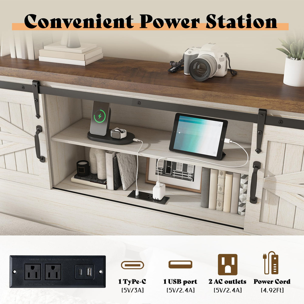 AMERLIFE Farmhouse Full Bed Frame, Rustic Wood Platform Bed Barn Door Storage Bookcase Headboard & Charging Station, Bedroom Furniture, No Box Spring Needed, Antique White AMERLIFE