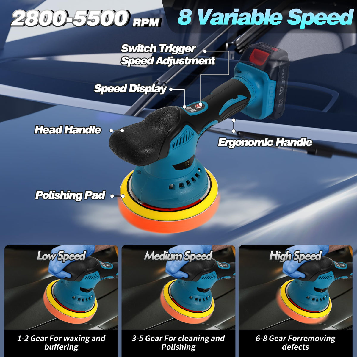 Boka Bay Cordless Car Buffer Polisher Kit with 21V 2x2000mAh Batteries & 9 Pcs Attachments, Car Polisher with 8 Variable Speed 2800-5500RPM, Orbital Polisher for Detailing, Sanding, Scratch Removing Boka Bay