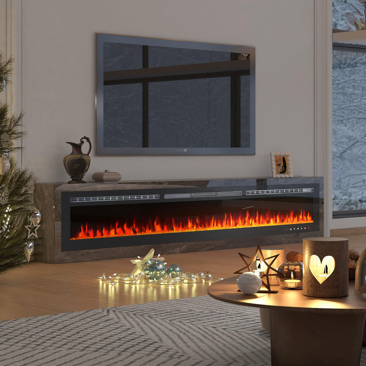 CharaVector 100 inch 750W/1500W Electric Fireplace Inserts with Remote Control in Wall Mounted, Energy Saving LED Insert Fireplace Heater Indoor Glass View with Remote Control & Touch Screen, Black CharaVector