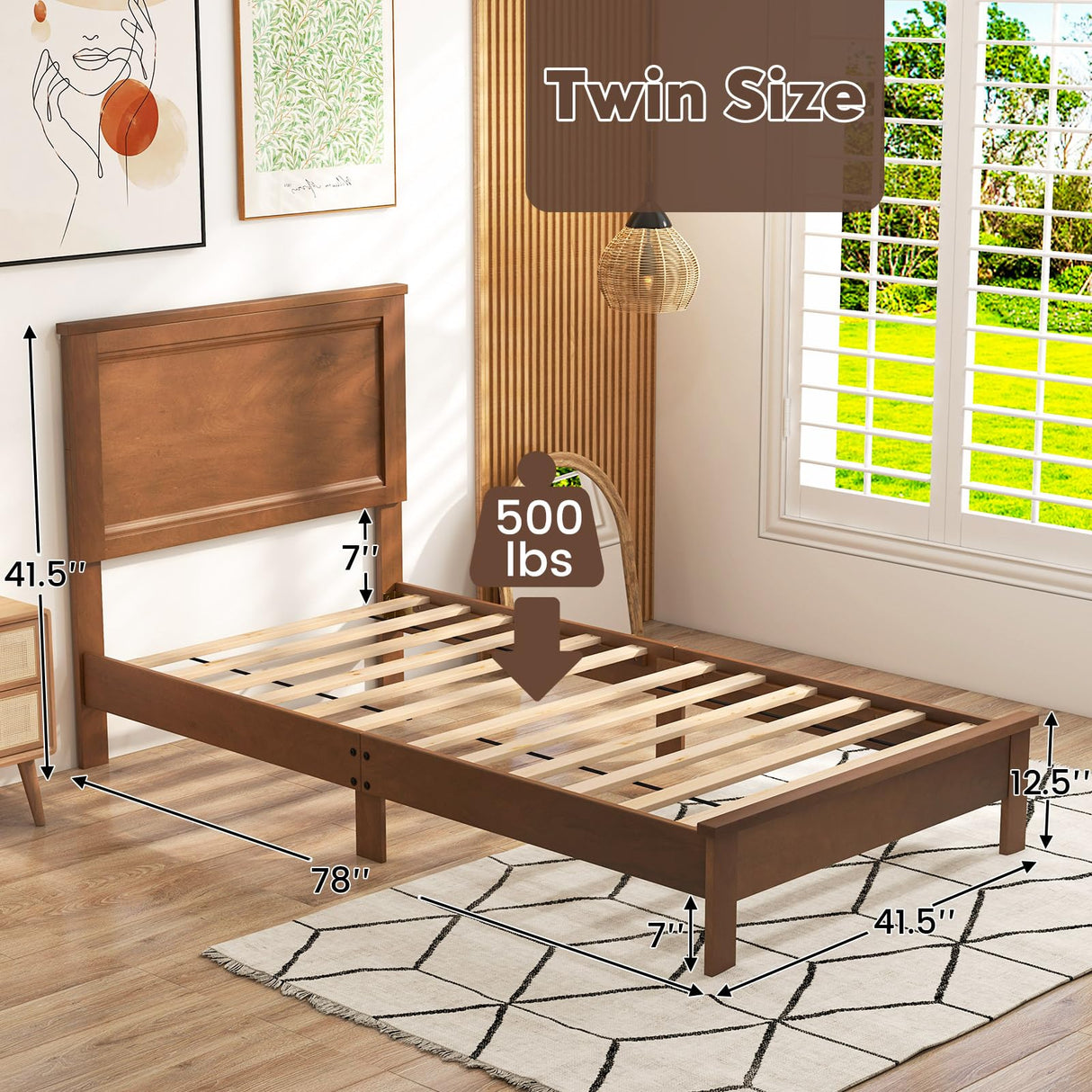 Giantex Wood Twin Bed Frames with Headboard, Mid Century Platform Bed Frame with Solid Wood Legs & Wooden Slat Support, Twin Bed Frames for Kids Adults, Walnut Bed Giantex