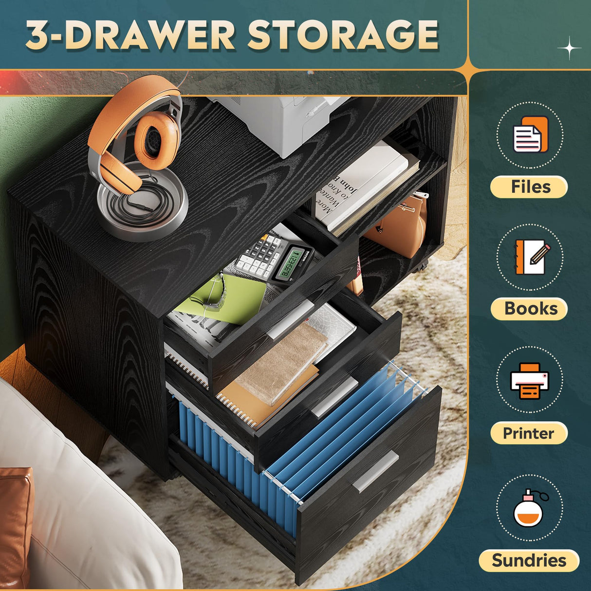 DEVAISE 3 Drawer Mobile File Cabinet, Wood Lateral Filing Cabinet, Printer Stand with Open Shelves for Home Office, Black DEVAISE