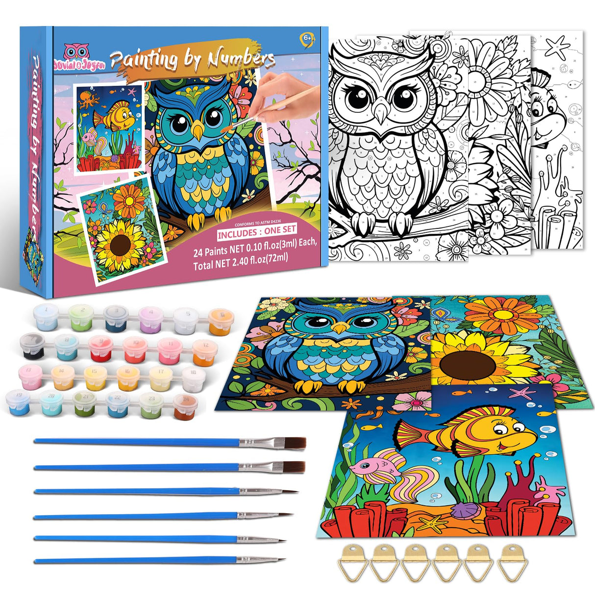 Kids Paint By Number Kits Age 8-12, 3 Pack 8x10 Inch Framed Canvas With 24x3ml Acrylic Pots, 6 Brushes, Painting Kits For Kids, Crafty By Numbers With Paint, 6-10 Year Old Girl Christmas Gift Jovial & Joyful