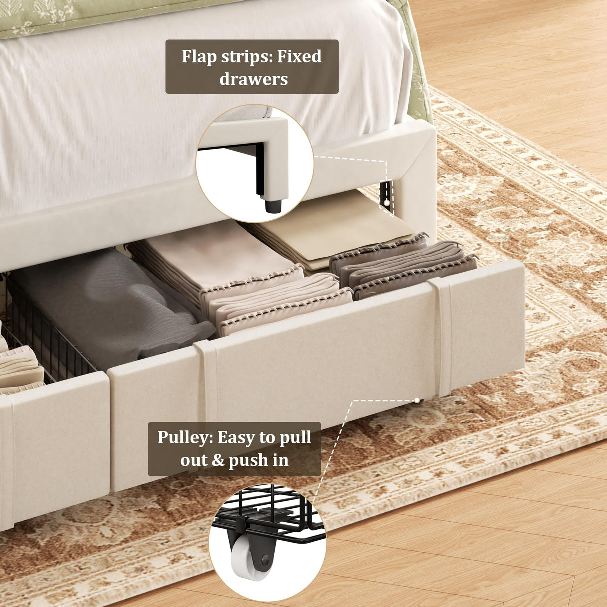 viplov Queen Bed Frame with Storage Drawers, Upholstered Platform Bed with Headboard and Wingboard, No Box Spring Needed, Noise Free, Easy Assembly, Wooden Support Slats, Beige viplov