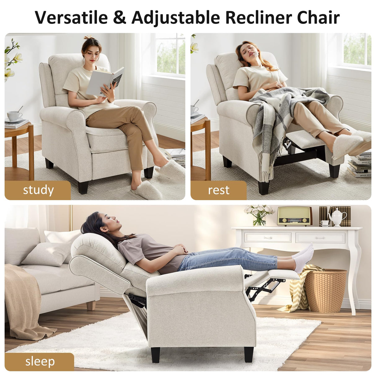 Oversized Recliner Chair for Living Room, Modern Reclining Sofa Home Theater Seating with Upholstered Push Back, Mid-Century Reclining Armchair with Lumbar Support, Bedroom, Reading Nook, Office Arcrinte