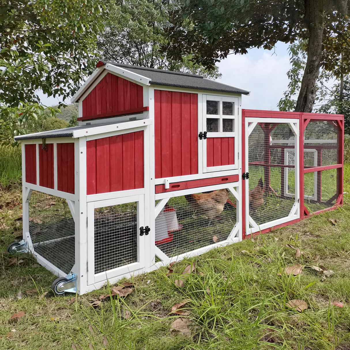 Magazoopet 95.3" Large Chicken Coop with Run, Tractor Hen Chicken House with 3 Nesting Boxes, Portable Duck Rabbit Quail Hutch Poultry Cage for 4-6 Chickens with 6 Access,Pull-Out Tra (Red) Magazoopet