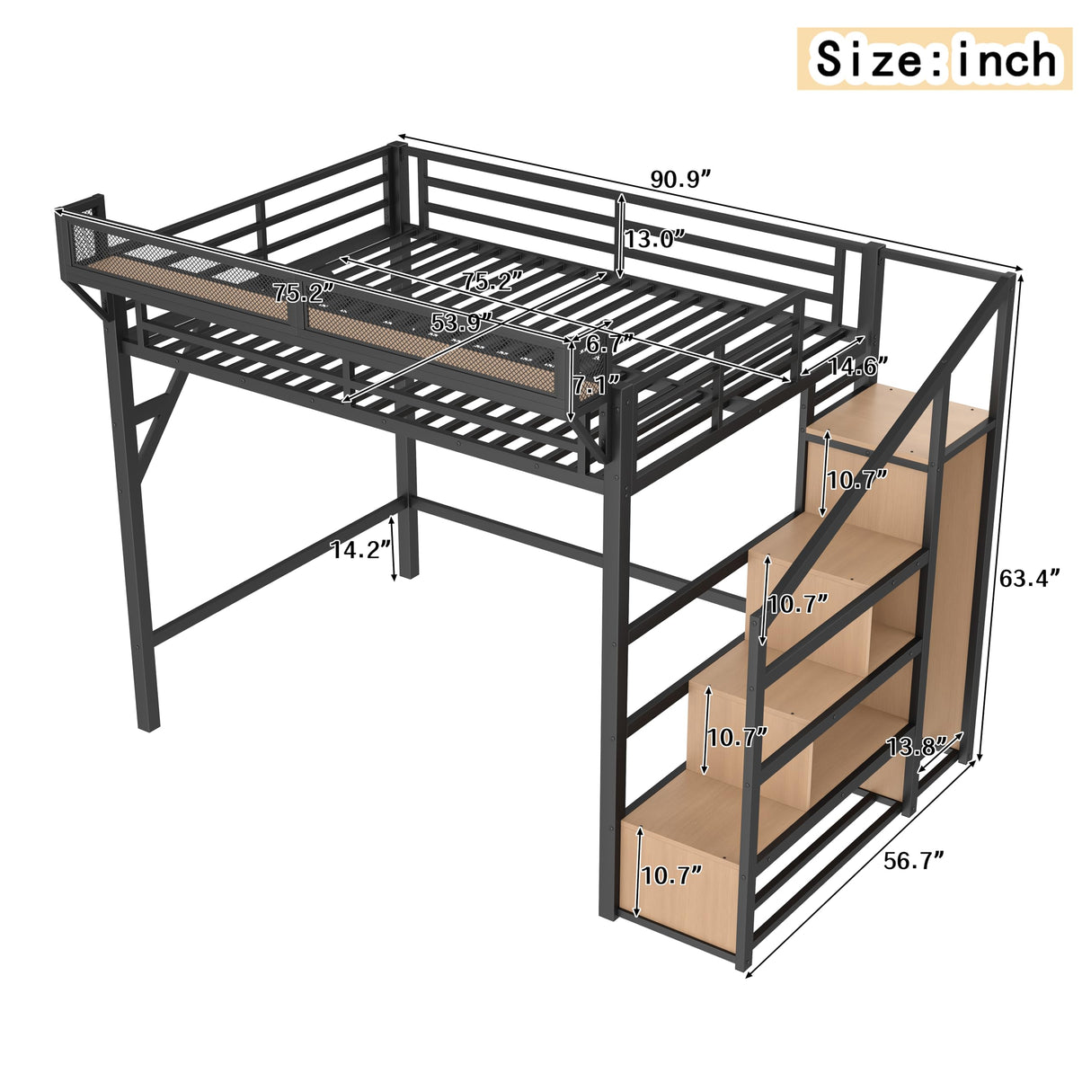 Metal Full Size Loft Bed with Stairs and Wardrobe,Heavy Duty Loft Bed Frame with LED Lights and Charging Station for for Kids,Teens,Adults,Natural Wood Bellemave