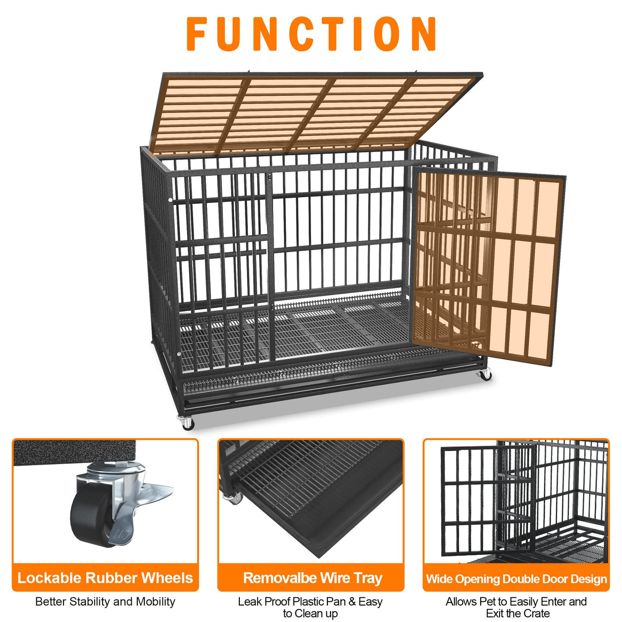 BOLDBONE 54/48/42/38 inch Heavy Duty Indestructible and Escape-Proof Dog Crate Cage Kennel for Large Dogs, High Anxiety Dog Crate with Removable Crate Trays, Wheels and Double Door, Extra Large XL XXL BOLDBONE