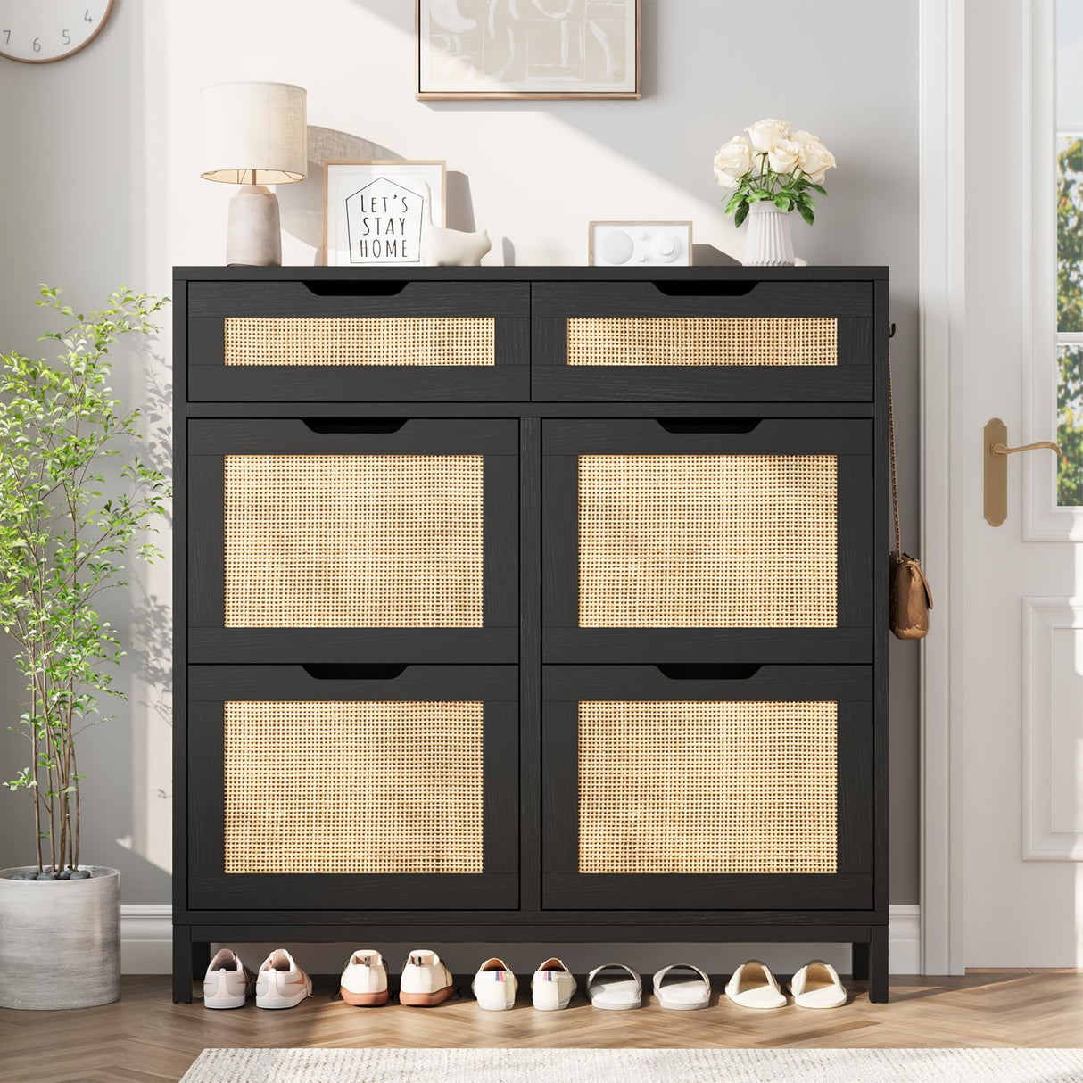 Jocoevol Rattan Shoe Cabinet for Entryway with 4 Flip Drawers & 2 Top Drawers, Freestanding Narrow Shoe Storage Cabinet with Metal Legs for Foyer, Hallway (Black) Jocoevol