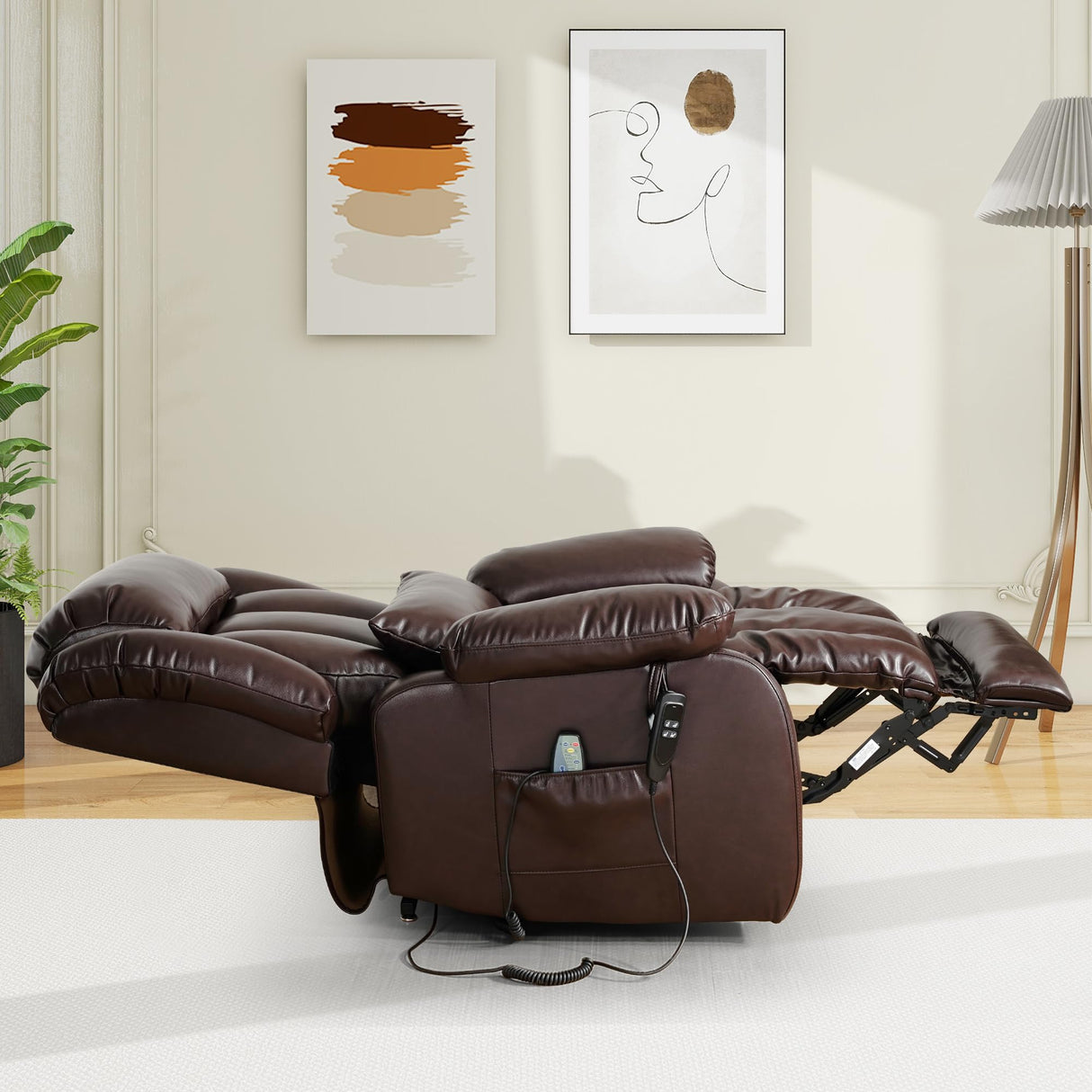 EDILLY Large Genuine Leather Power Lift Recliner Chair for Elderly, Dual Motor with Massage and Heating,with Double Lumbar Cushion and Extended Footrest,USB Port and Remote(Brown) EDILLY